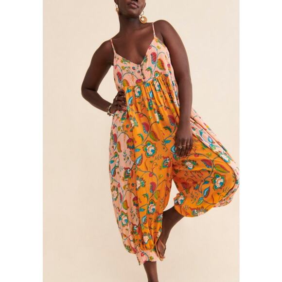 Anthropologie Baggy Floral Jumpsuit Womens Large Orange Floral Colorful Boho - Picture 1 of 9